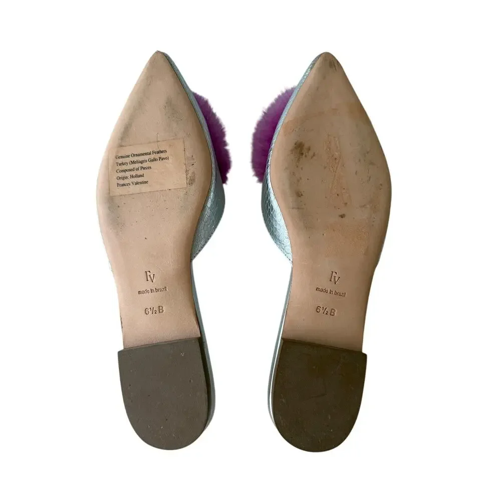 Frances Valentine Pauline Snake Embossed Pom Pom Mules Pink 6.5